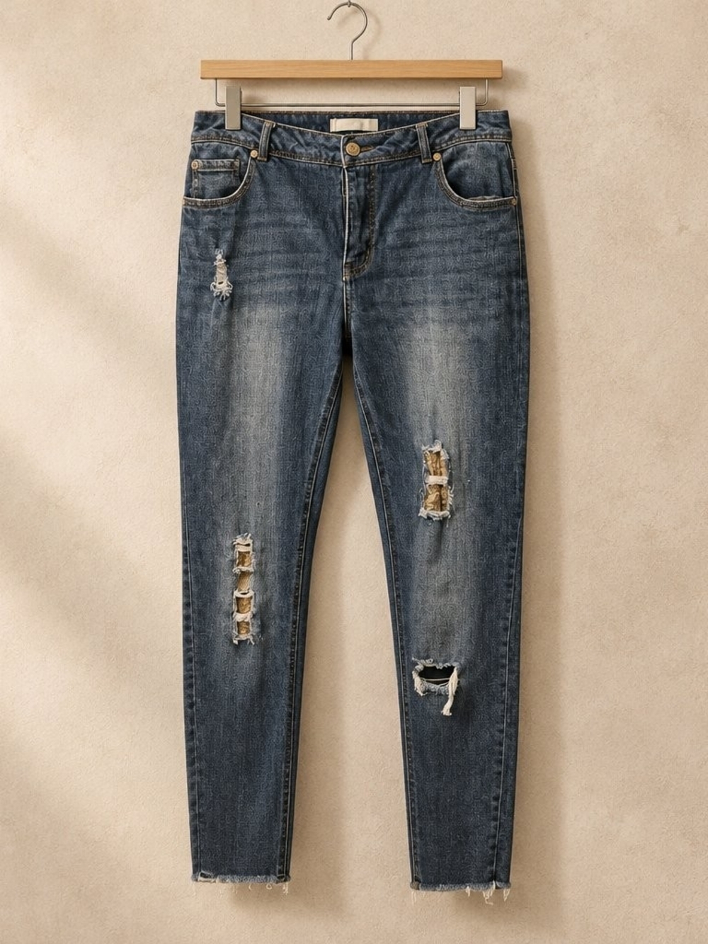 Distressed Mid-Rise Skinny Jeans in Dark Blue